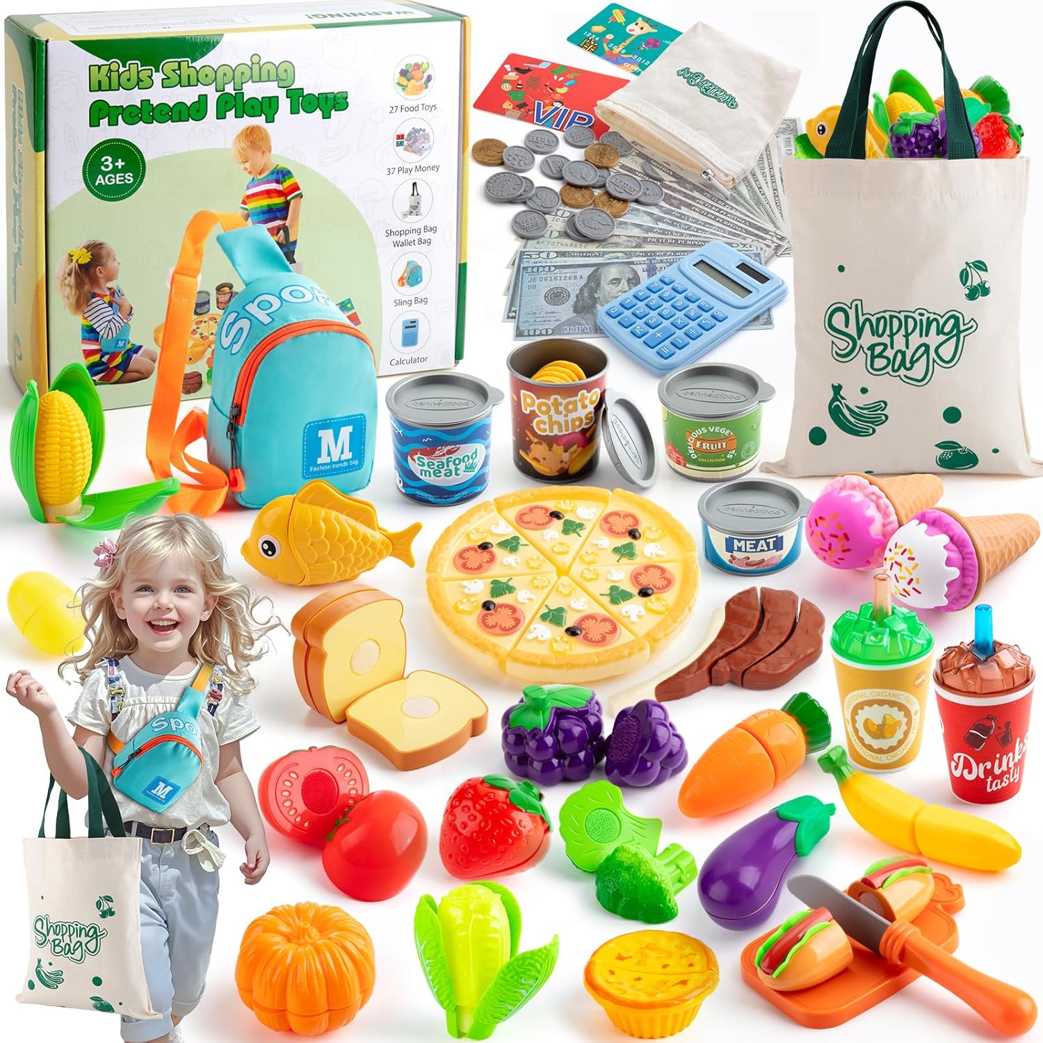 68 PCS Cutting Play Food Sets for Kids Kitchen - Fake Food Fruits, Veggies, Money Play and Calculator, Storage Bag, Pretend Food Toys Role Pretend