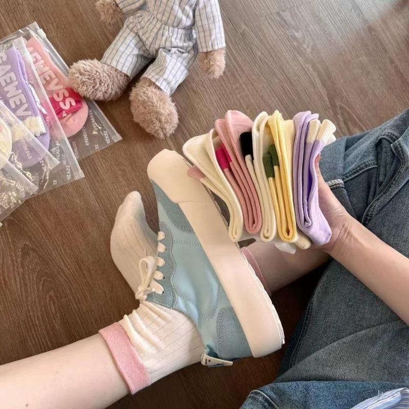 5 Pairs of Candy-coloured Cream Vertical Striped Socks Women Spring and Summer Thin Fresh Pure Colour Simple Colour Blocking Match Medium Socks