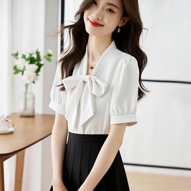 women bow tie satin blouse v neck short sleeve office wear solid color shirt S