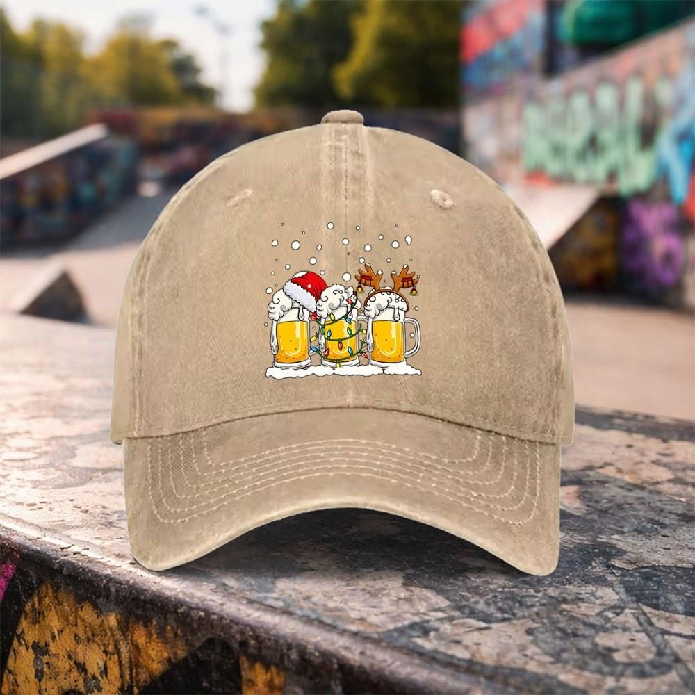 Christmas Beer Mug Print Washed Baseball Cap Unisex Adjustable Cotton Outdoor Casual Snapback Hat