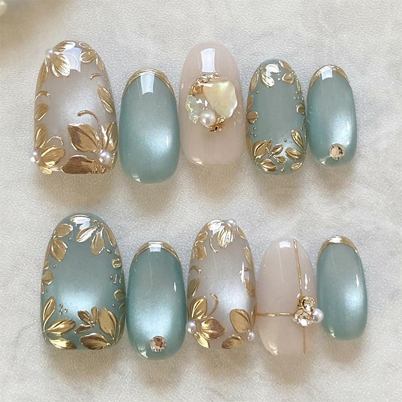Ins 24pcs Removable Wearable Nails Golden Leaves Cat's Eye Gilded Flower Pearl Full Coverage Nail Tips for Women&Girl New