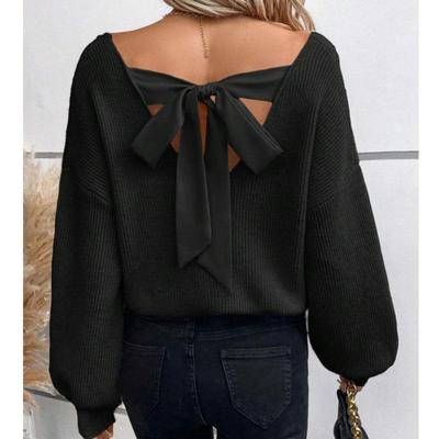 Black Loose Knit Sweater with Back Cutout and Bow Detail, Casual Long Sleeve Top