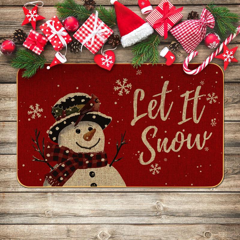 VIKAMA Winter Snowman Entry Doormat Plaid Scarf Snowflake Pattern Non Slip Mat For Porch Indoor Home Xmas Party Decoration