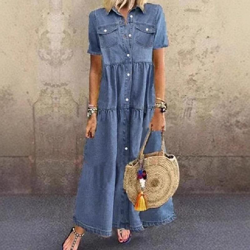 

Женские короткие рукава Мягкие тонкие джинсовые длинные платья Ретро карманы на пуговицах Джинсы Макси-платья Женские повседневные платья S темно-синий