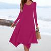 Women's Casual Fashion Round Neck Long Sleeve Solid Color Irregular Hem Midi Dress
