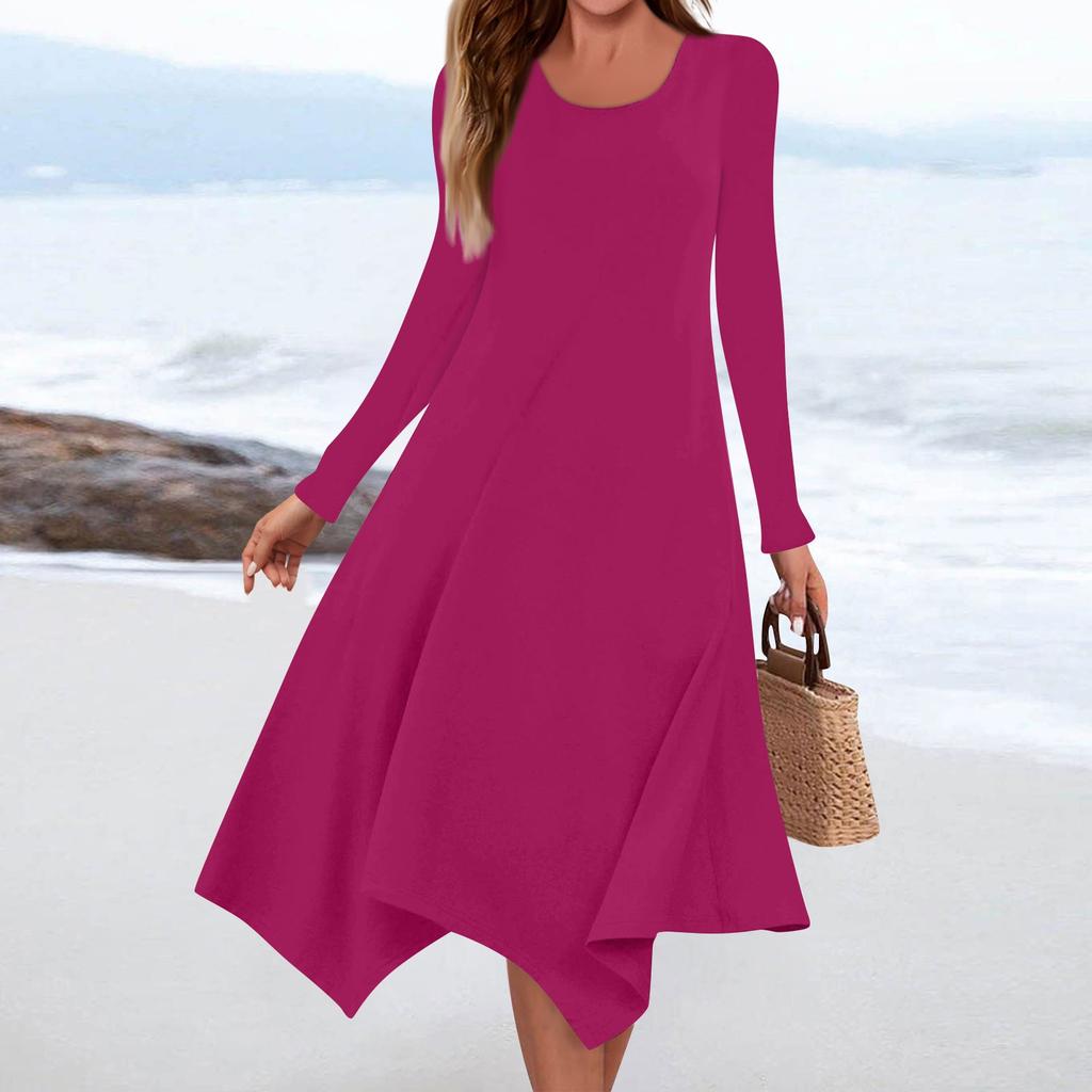 Women's Casual Fashion Round Neck Long Sleeve Solid Color Irregular Hem Midi Dress