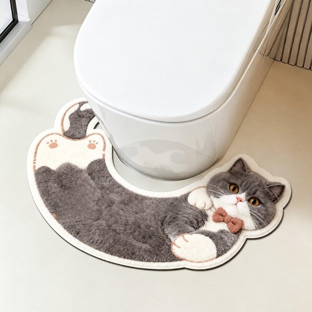 Splash Proof Decorative Floor Mat U-Shaped Curved Toilet Rug Cat Pattern Rug Toilet Base