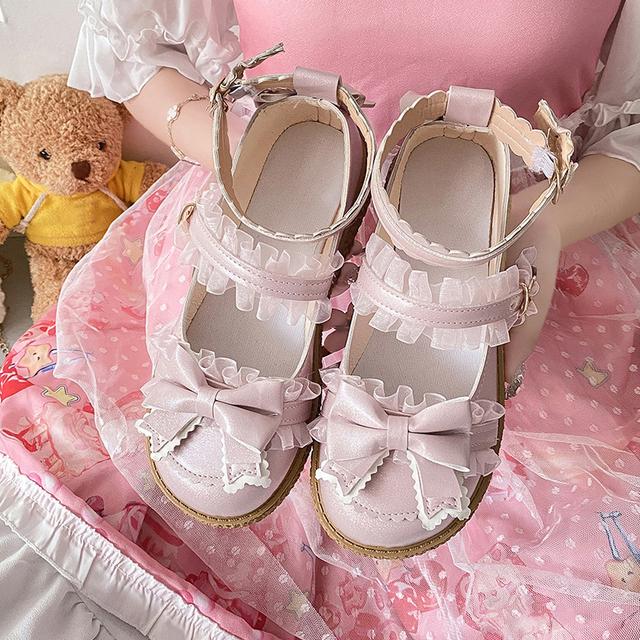 Rimocy Patchworkowe Koronkowe Buty Mary Jane Damskie Skóra PU Urocza Kokardka Płaskie Buty Damskie Platforma Niebieskie Różowe Pasek na Kostkę Buty Lolita