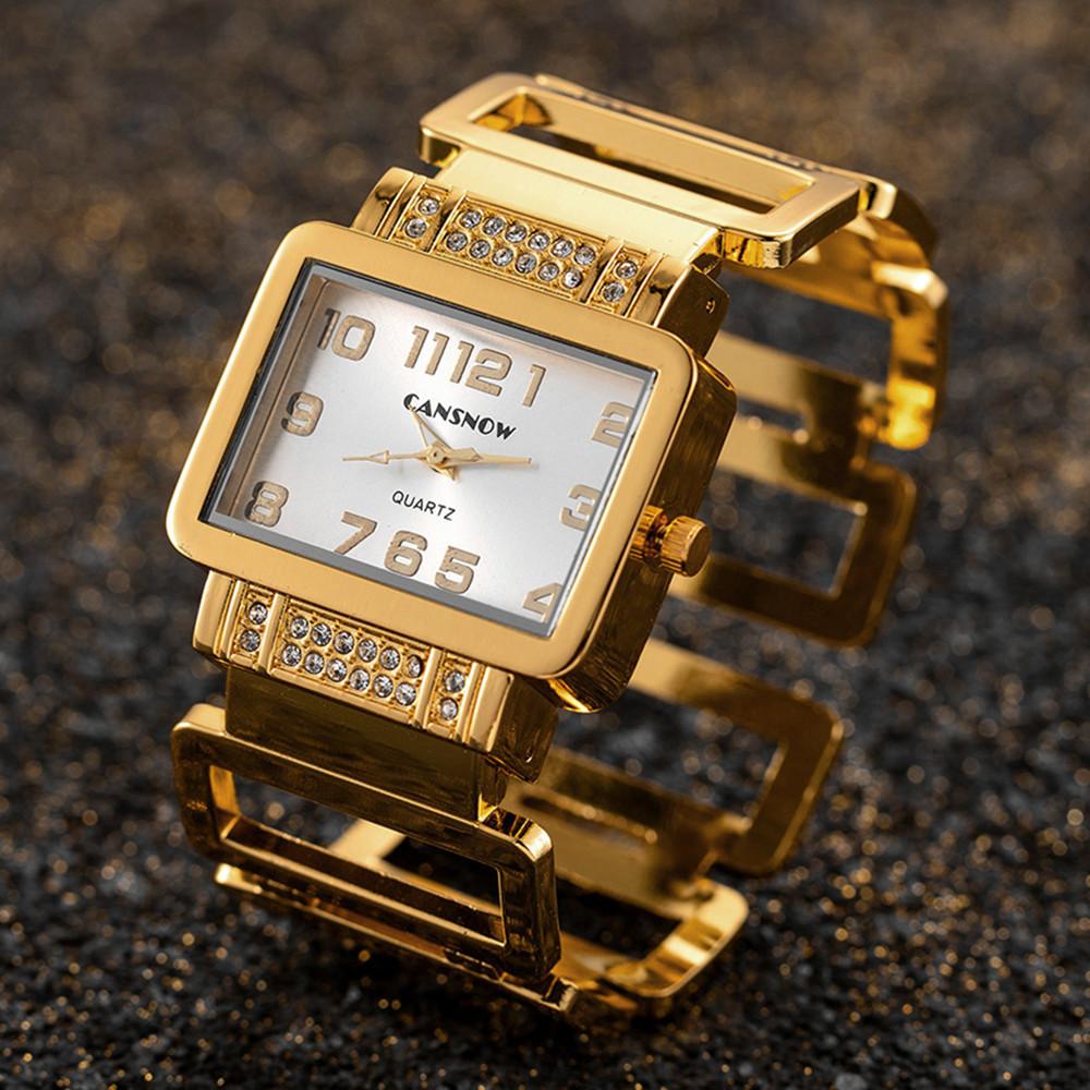 Luxury Elegant Hollow Rectangle Rhinestone Ladies Steel Quartz Wristwatch Gold Silver Bangle Watches for Women Female Fashion Cl