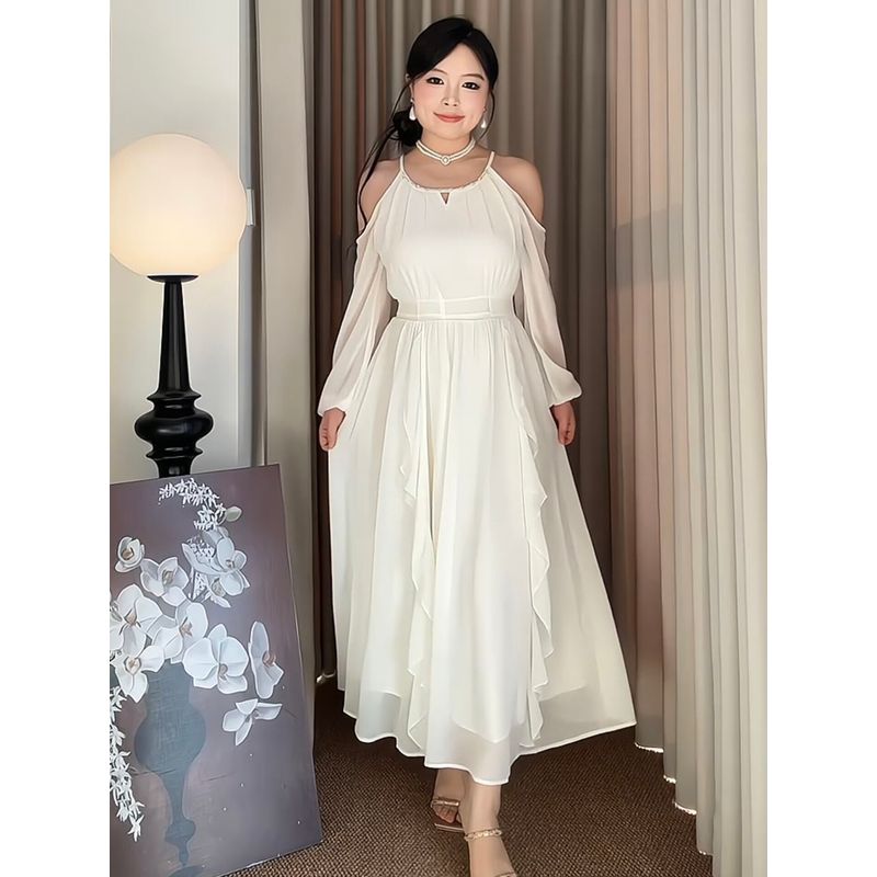Plus-Size Women's French-Style Off-Shoulder Pearl Ruffle Dress 2026 Spring Elegant Long Dress