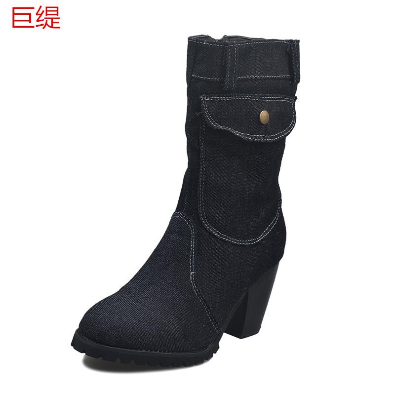 

2020 Juti Amazon independent station wish Europe and the United States foreign trade large size high heel denim medium tube women s boots 35 чёрный