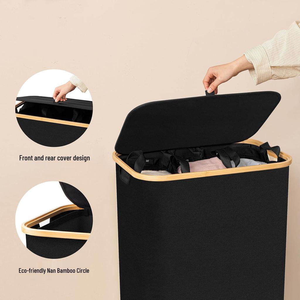 Foldable Bamboo Laundry Hamper with Lid and Inner Bag for Bedroom Storage.