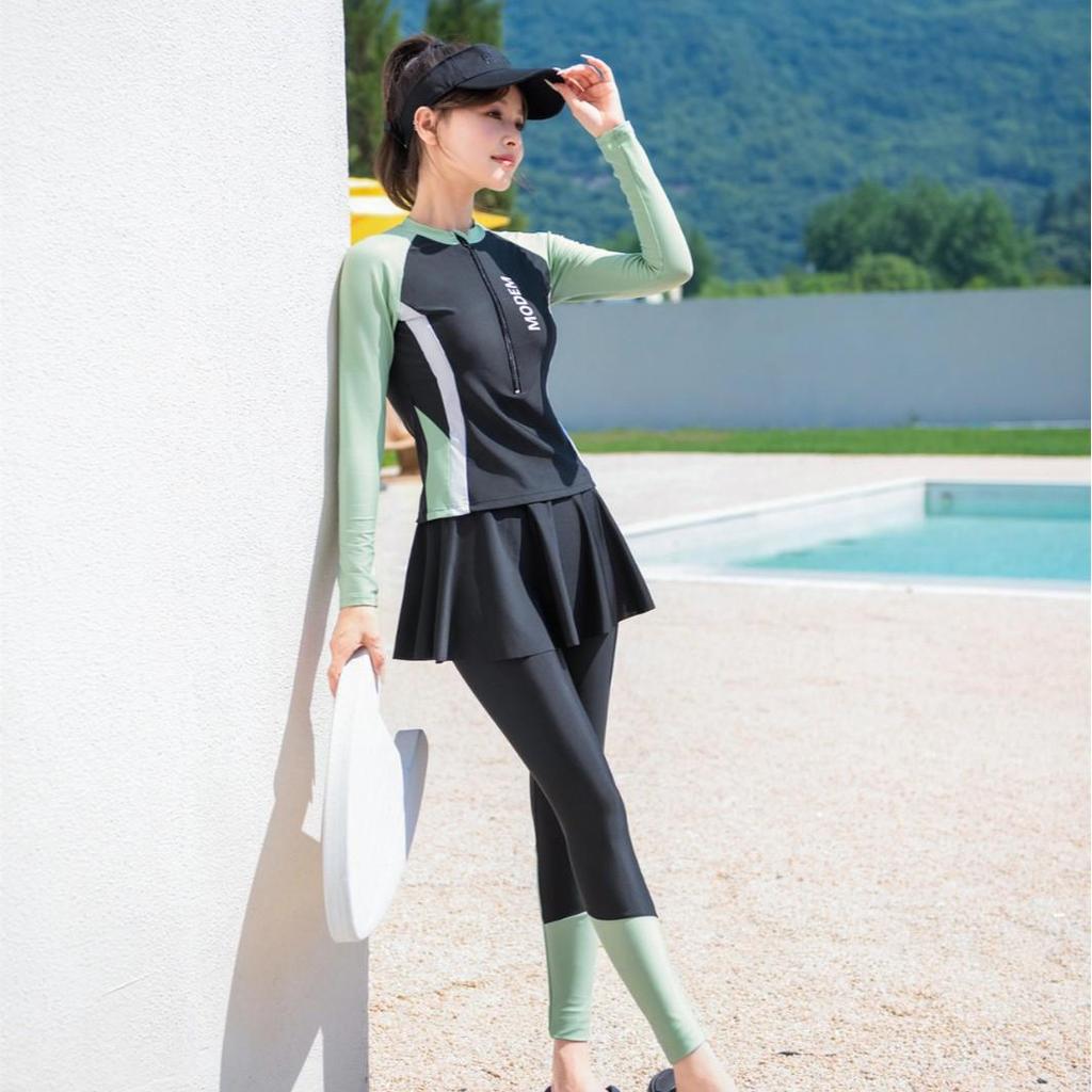 Women's Three-Piece Swimsuit: 2026 Sun Protection with Long Sleeves & Pants for Diving & Hot Springs.