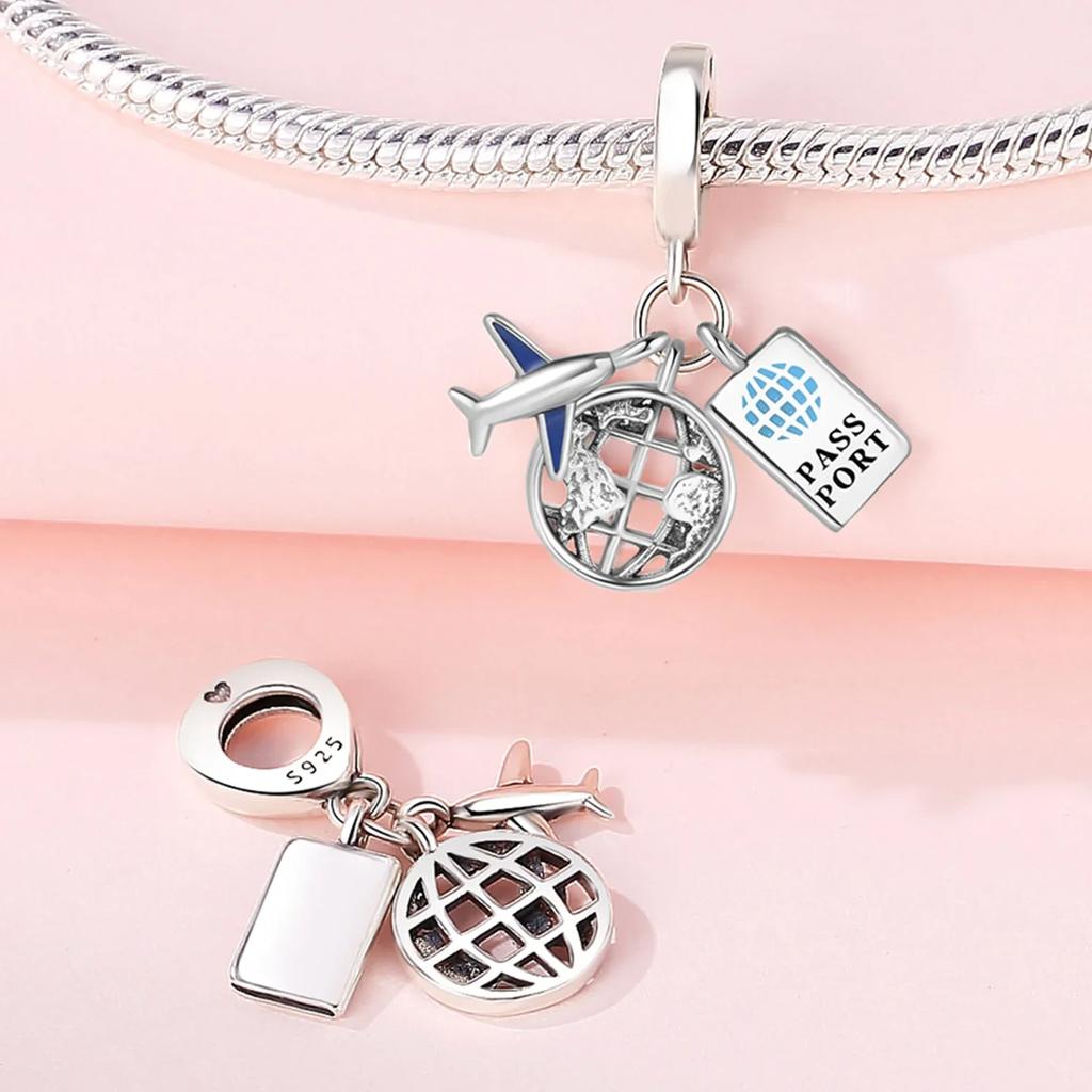 Copper Metal Colors Airplane Globe & Passport Dangle Charm Bead Component Bead Components Compatible With Authentic Original Bracelet High Quality