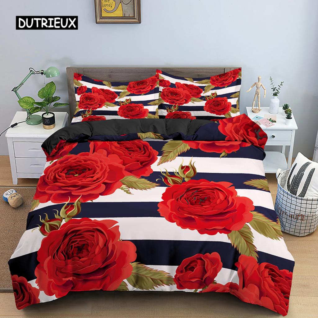 Valentine's Day Wedding Bedding Set 2/3 Pcs Luxurious Rose Love Heart Duvet Cover King Microfiber 3D Red Rose Print Quilt Cover
