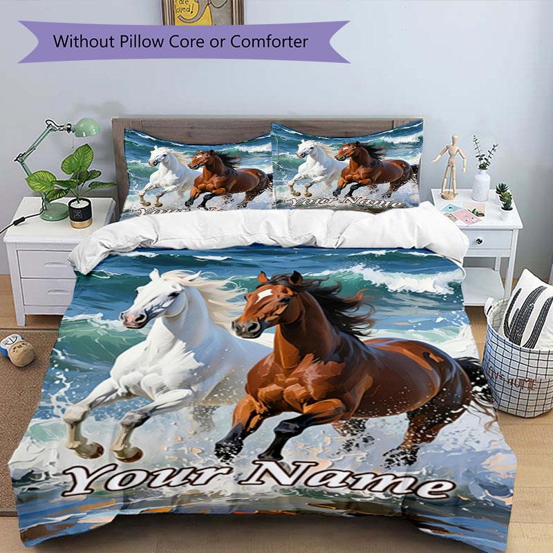 3PC Custom Name Horses Ocean Wave Bedding Set Duvet Cover Closure Includes 1 Duvet Cover & 2 Pillowcases for Bedroom