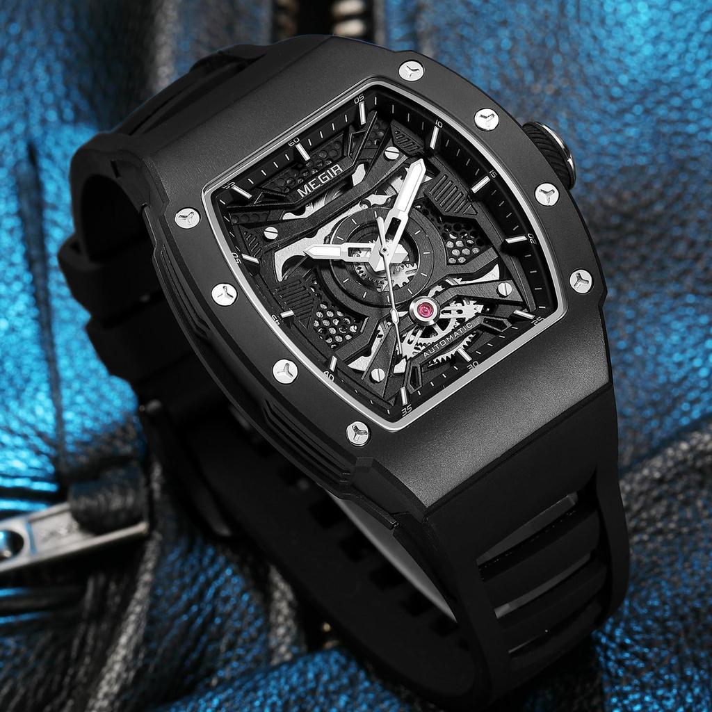 Megir Herre Automatisk Mekanisk Klokke Vanntett Utsparing Silikonrem Sport Armbåndsur Klokke Reloj Hombre 8604