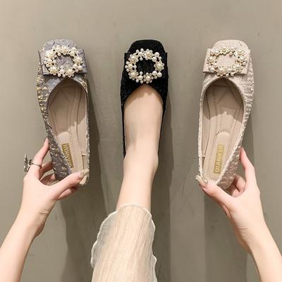 Enkelzijdige schoenen dames lente en zomer nieuwe modellen met zachte zolen voor dames effen kleur strass metaal decoratief dames schoenen