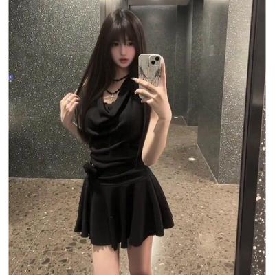 Pure Lust Hot Girl Sexy Waist Hanging Neck Swinging Collar Small Short Skirt Hepburn Style Black Dating Dress Summer