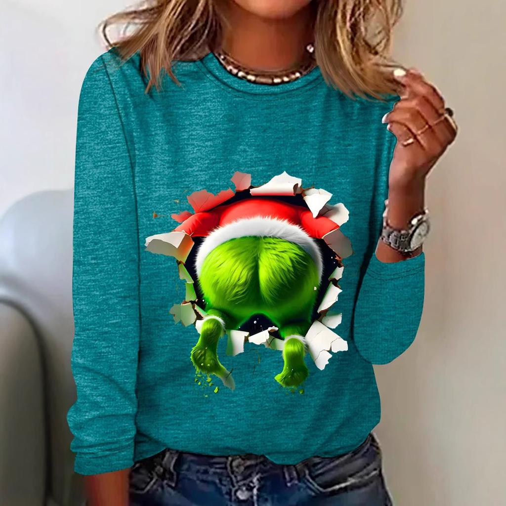 Rundhals 3D-bedrucktes lustiges Weihnachts-Dschinni-Muster Top Modische lässige langärmelige Damen-T-Shirts