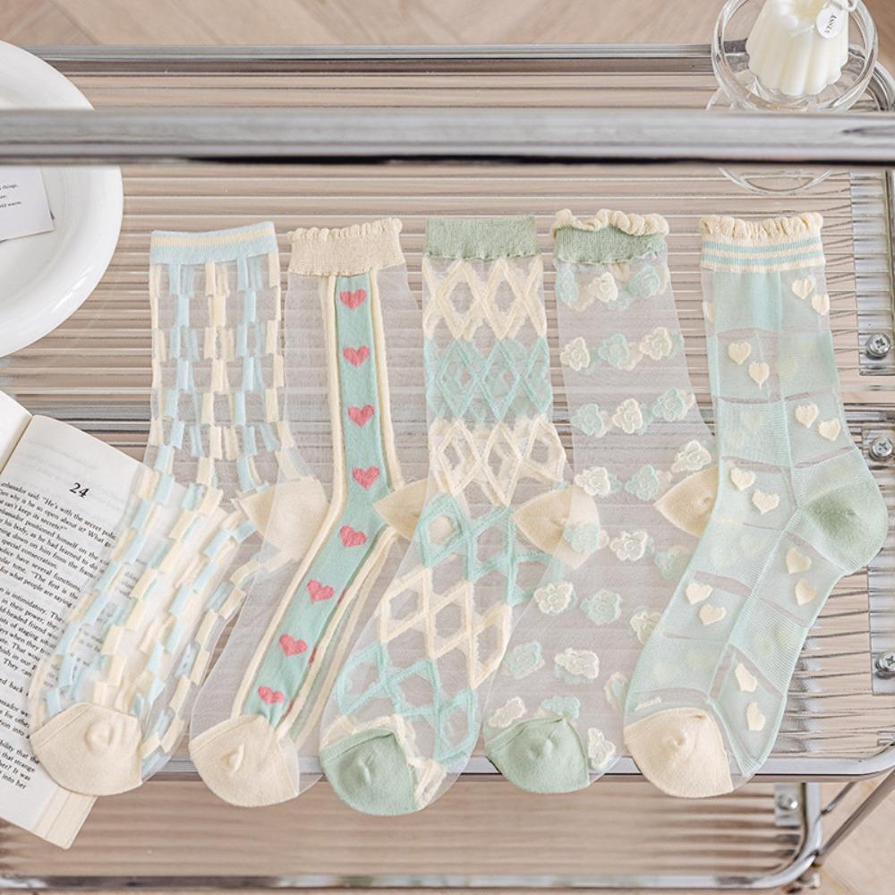 

5PCS/SET Lace Design Mid-tube Socks Sweet Floral Print Women Socks JK Fashion