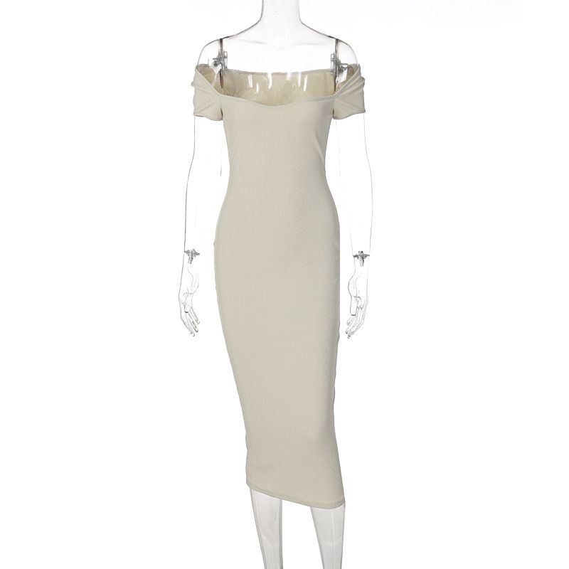 Style European and American Foreign Trade Women Clothes Low Cut Square Collar Short Sleeve Waist Hugging Sheath Slim Fit Sexy Temperament Thread Dress