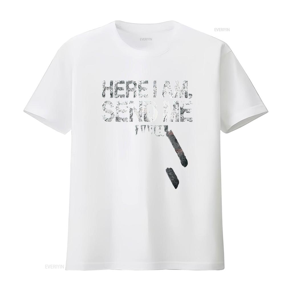Damen Hier bin ich Sende mich Amerikanische Flagge Kreuz Jesaja 6 8 Bibelvers T-Shirt Schwarz 2XL Vintage Gewaschen Leicht Weich Mann Unisex