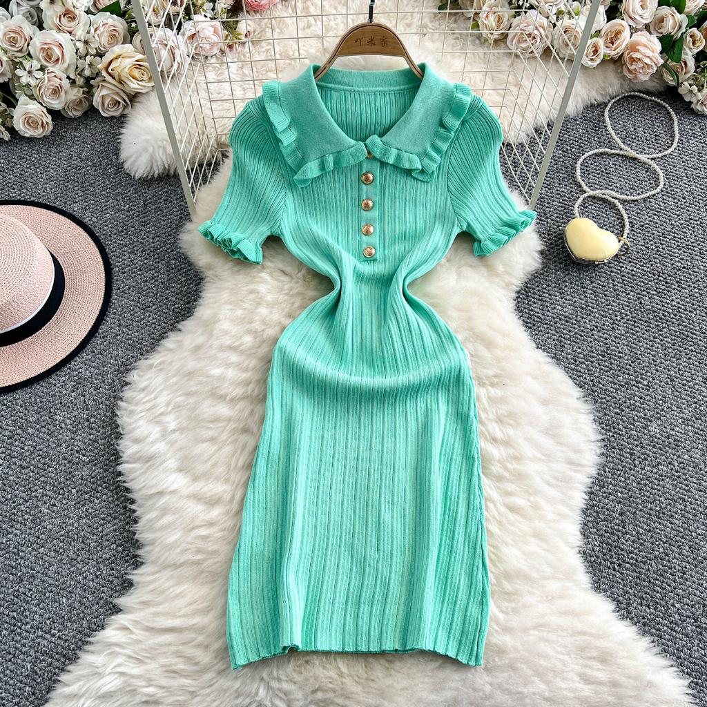 New French small fragrant lotus leaf edge lapel short-sleeved knitted dress women's slim and thin hip skirt