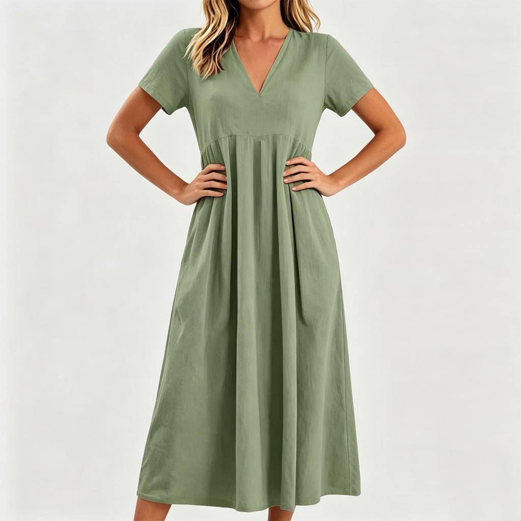 Robe midi décontractée confortable en tissu léger pour femme, col en V, manches courtes, coupe ample, avec poches, robe d'été