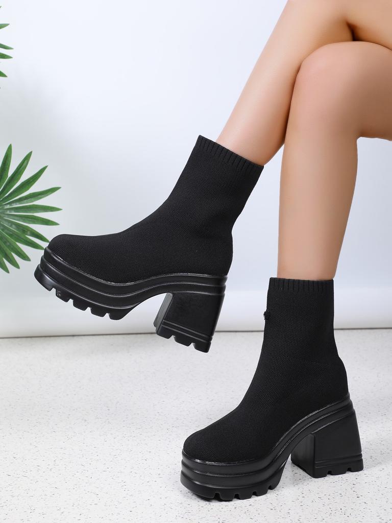 Large Size Women's Leather Boots New Style Square Head Platform High-heeled  Women Shoes Black and White Square Heel Short Boot