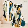 Women Plus Size Two Piece Set Abstract Printed Square Neck Short Sleeve Belted Flared Dress 3 4 Sleeve Open Front Cardigan