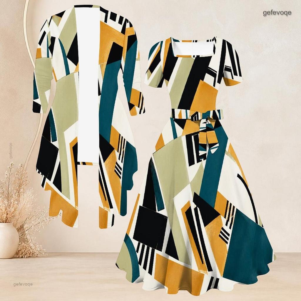 Women Plus Size Two Piece Set Abstract Printed Square Neck Short Sleeve Belted Flared Dress 3 4 Sleeve Open Front Cardigan