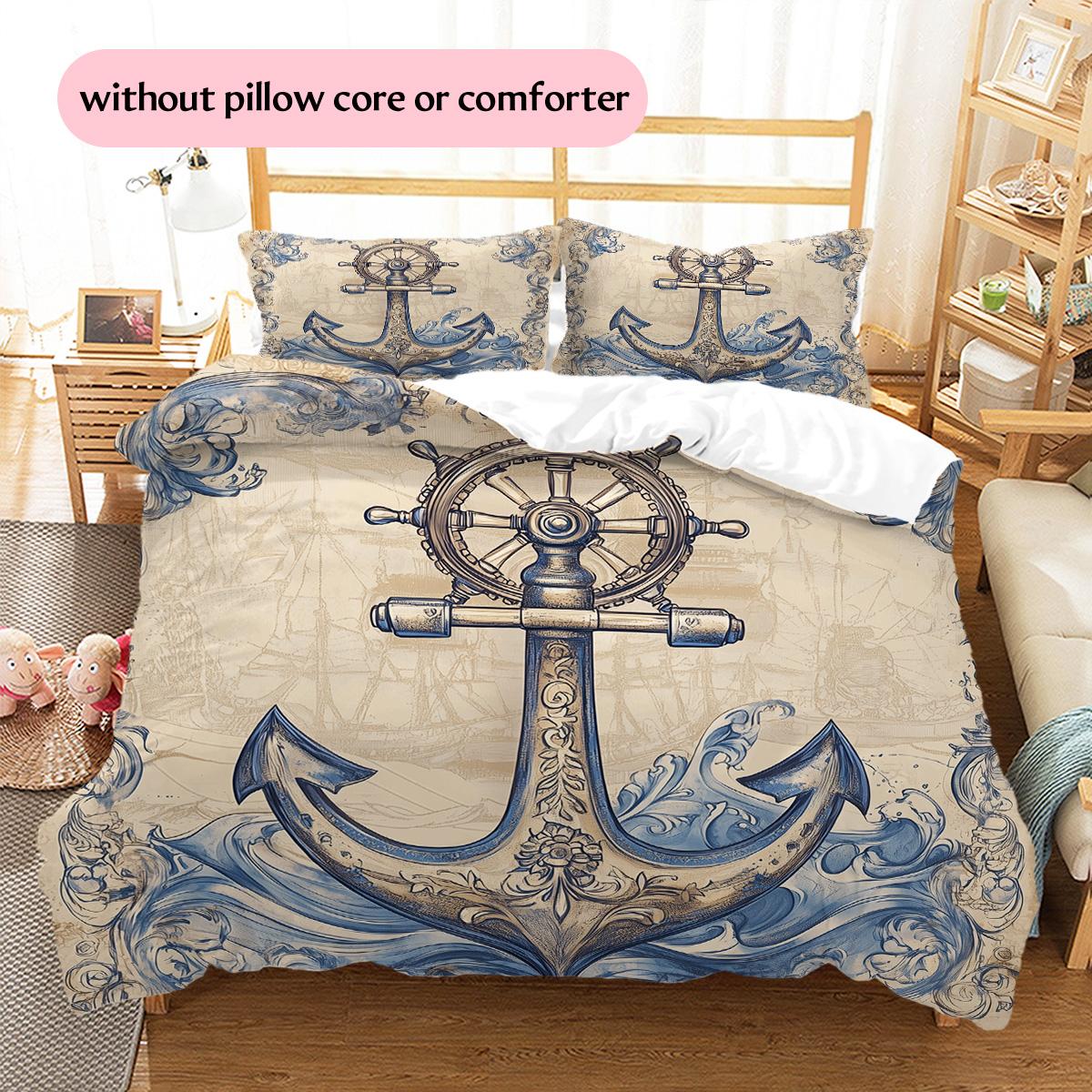 Anchor and Rudder Pattern Bedding Quilt Set Home Decoration Gift (1 * duvet cover + 2 * pillowcase, without core) 135x200cm