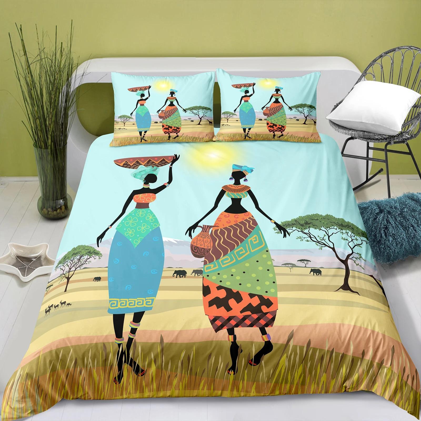 

3D Print Bohemian Bedding Set African Black Girl Duvet Cover Set Ancient Ethnic Polyester Quilt Cover Set EU Single(135*200cm)3pcs