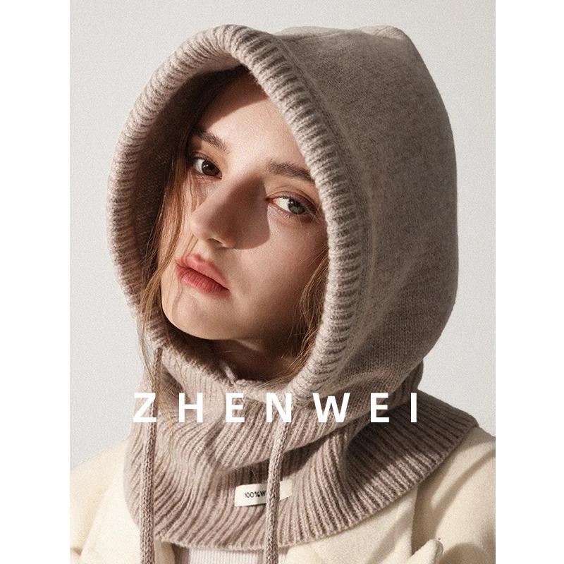 

High Quality 100% Wool Slouchy Balaclava Hat for Women Knitted Scarf Hood Beanies Winter Warm Skiing Hat Outdoor Ear Protection Pure wool 145g