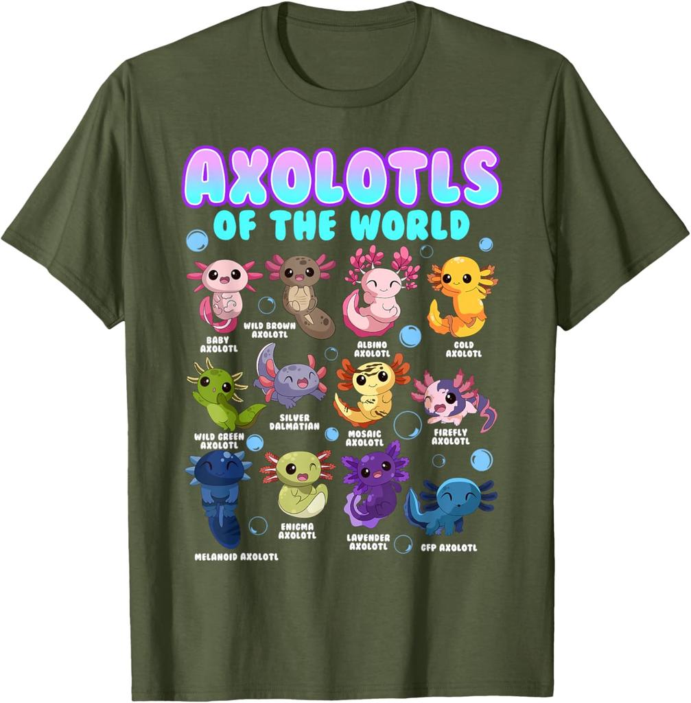 Axolotls Of The World Kawaii Salamander Graphic Tee Men Cotton Casual Short Sleeve T-Shirt Trip