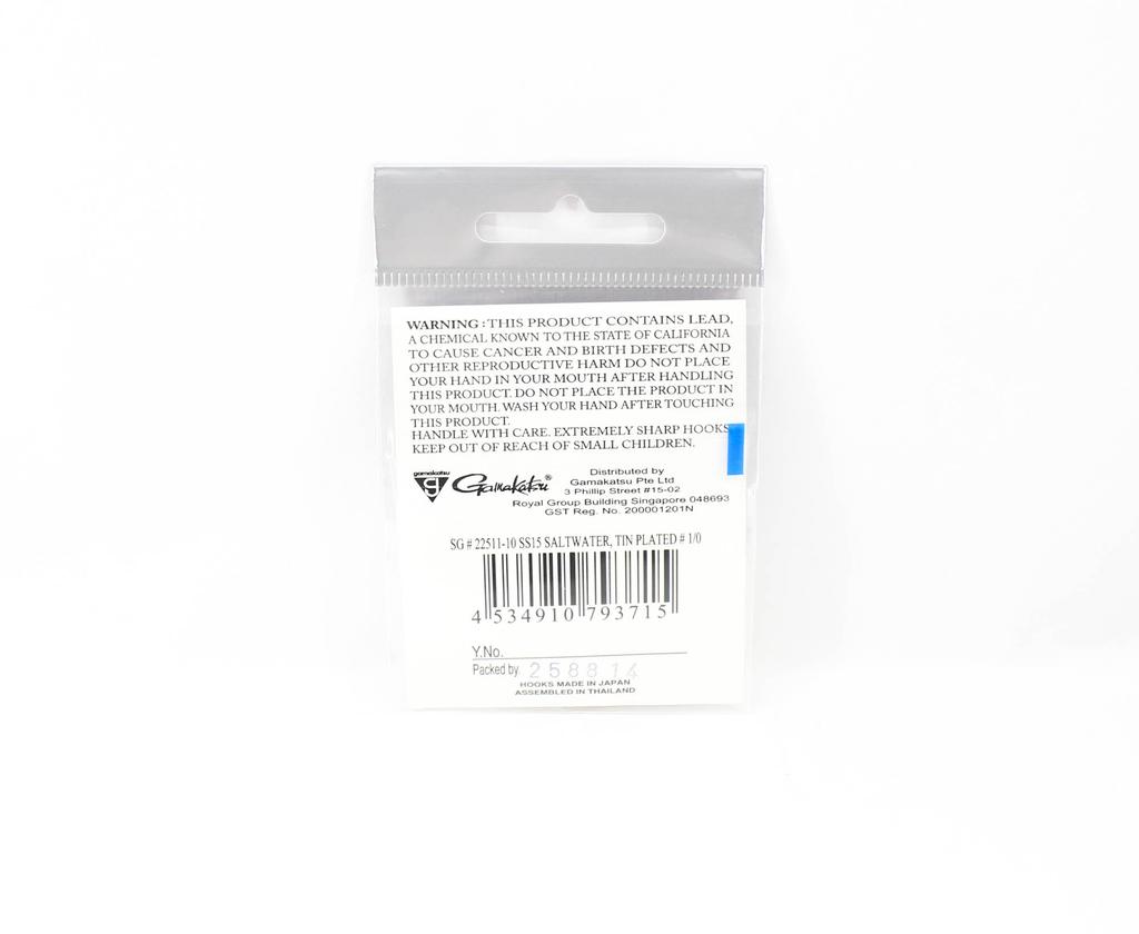 Gamakatsu 22511-10 SS15 Saltwater Tin Plated Hook Size 1/0 , 10/pack (3715)
