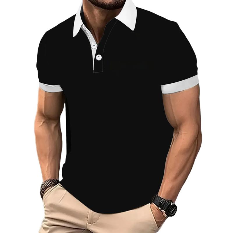 Solid Color Lapel Polo For Men Color Block Cuff Short Sleeve Daily Commute Tee S