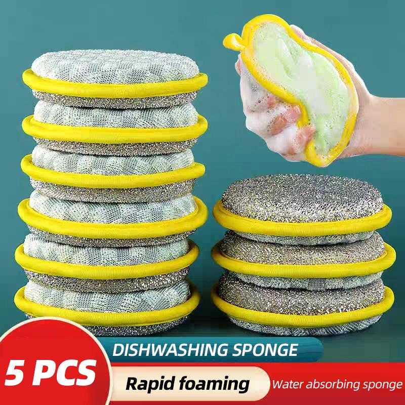 5pcs Dishwashing Sponge Non-stick Oil Brush Pot Dishwashing Cloth Sponge Wipe Double-sided Cleaning and Decontamination Magic Wipe