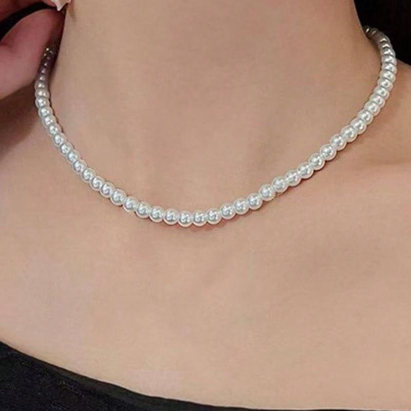 1pc Vintage French Style White & Pink Faux Pearl Necklace, Simple Choker