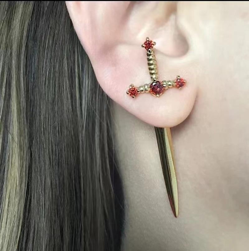 Kiss Jewelry Punk Sword Gothic Kinitial Piercing Earrings for Woman Men Gothic Crystal Ear Jacket Stud Earrings Jewelry