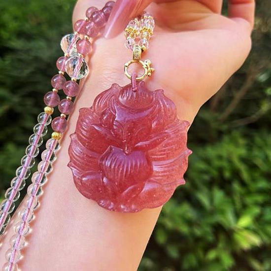Strawberry Crystal Nine-Tailed Fox Necklace & Sweater Chain In New Chinese Style with Fox Fur Accents