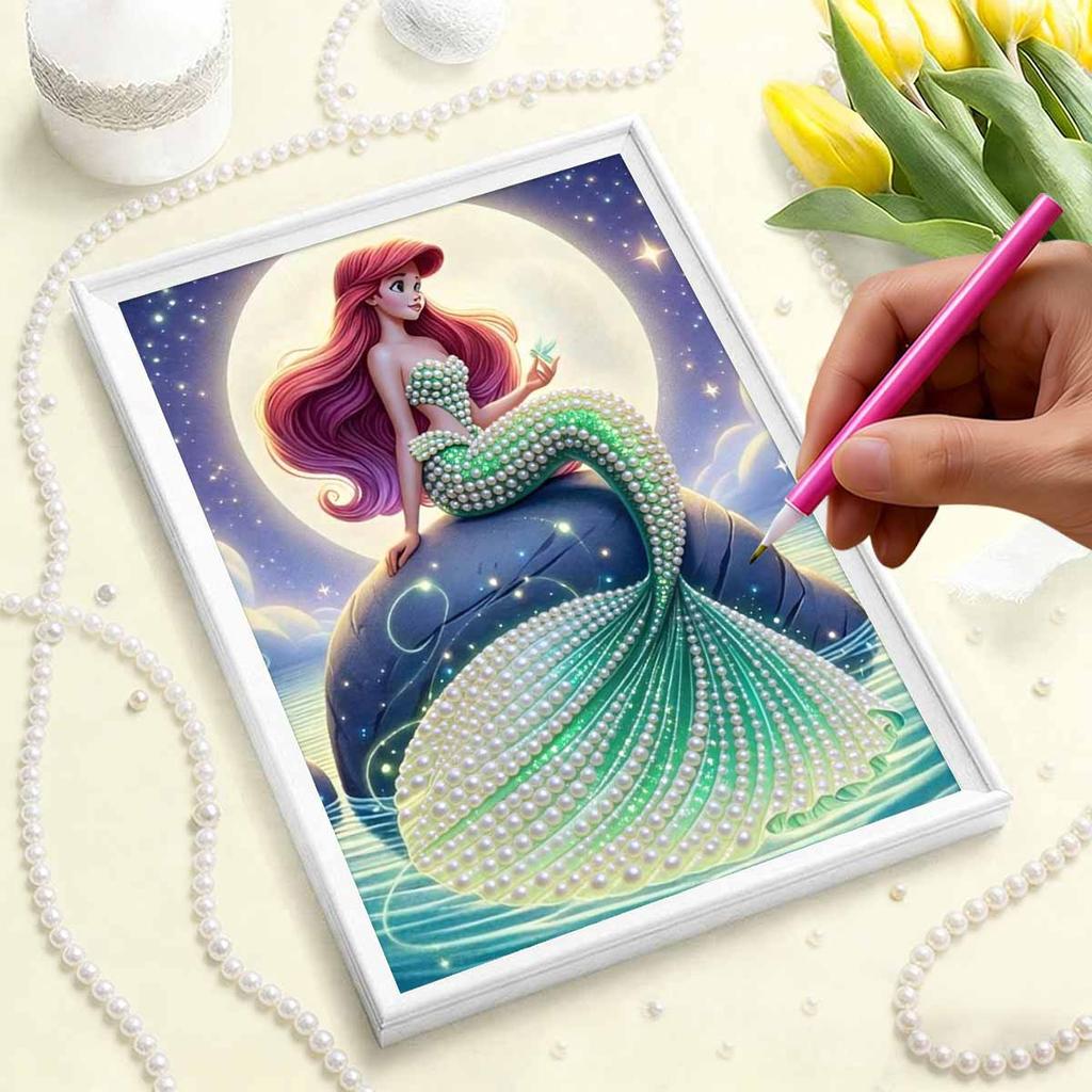 Dreamy Pearl-Inlaid Little Mermaid Frameless Art | Moonlit Starry Bg, Handmade Pearl & Diamond Craft, Ideal for Retro, Fairy, Luxury Home Decor