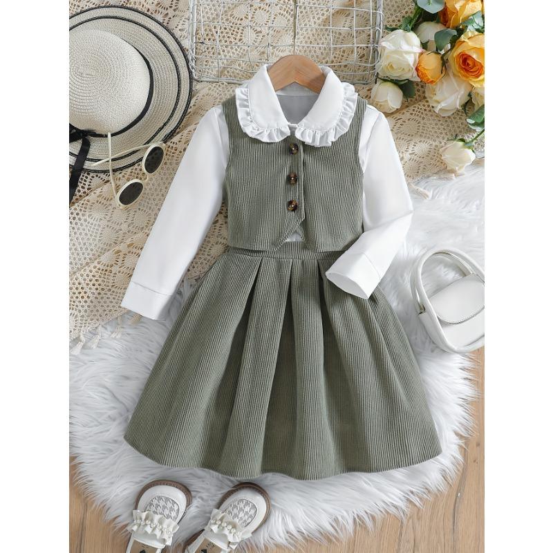 

Girl Spring And Autumn Elegant Lady Three Piece Set with Patchwork Lace Collar Long Sleeve Shirt V-neck Open Collar Vest Half Skirt Very Gentle 140cm