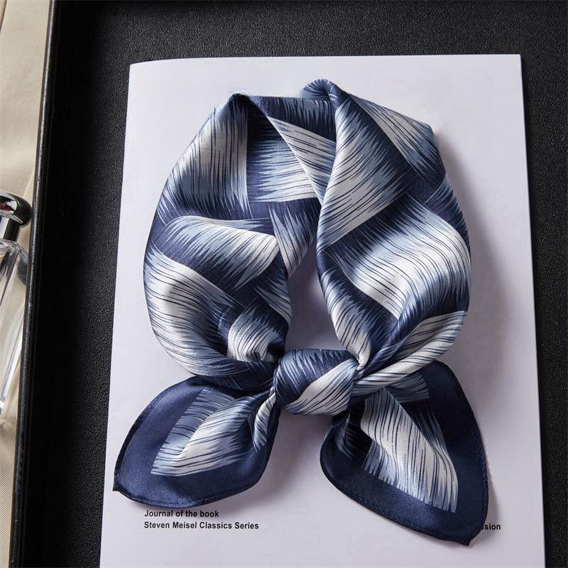 Navy blue graffiti staggered square silk square scarf small silk scarf plaid printed mulberry silk thin headband scarf women 53*53cm