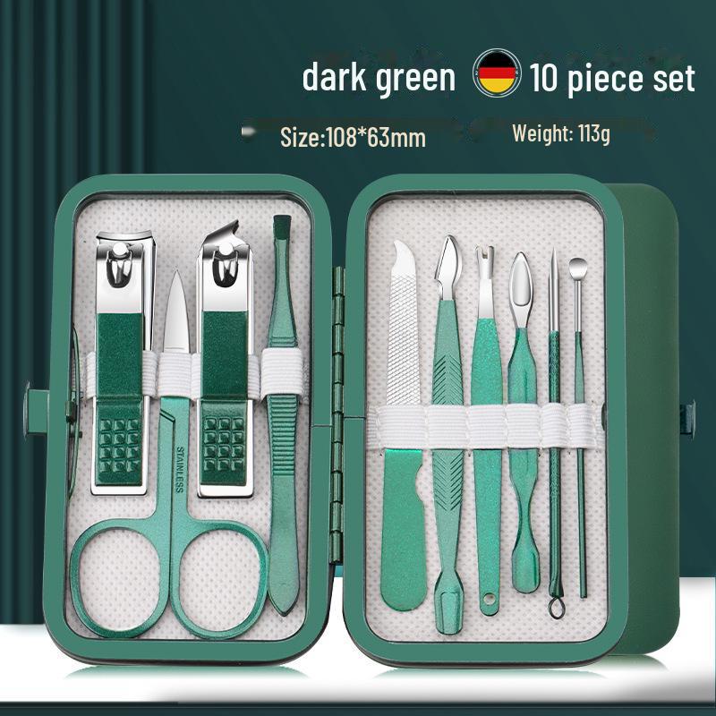 26-Piece Dark Green Stainless Steel Manicure Set: Nail Clippers, Dead Skin Remover, Scissors