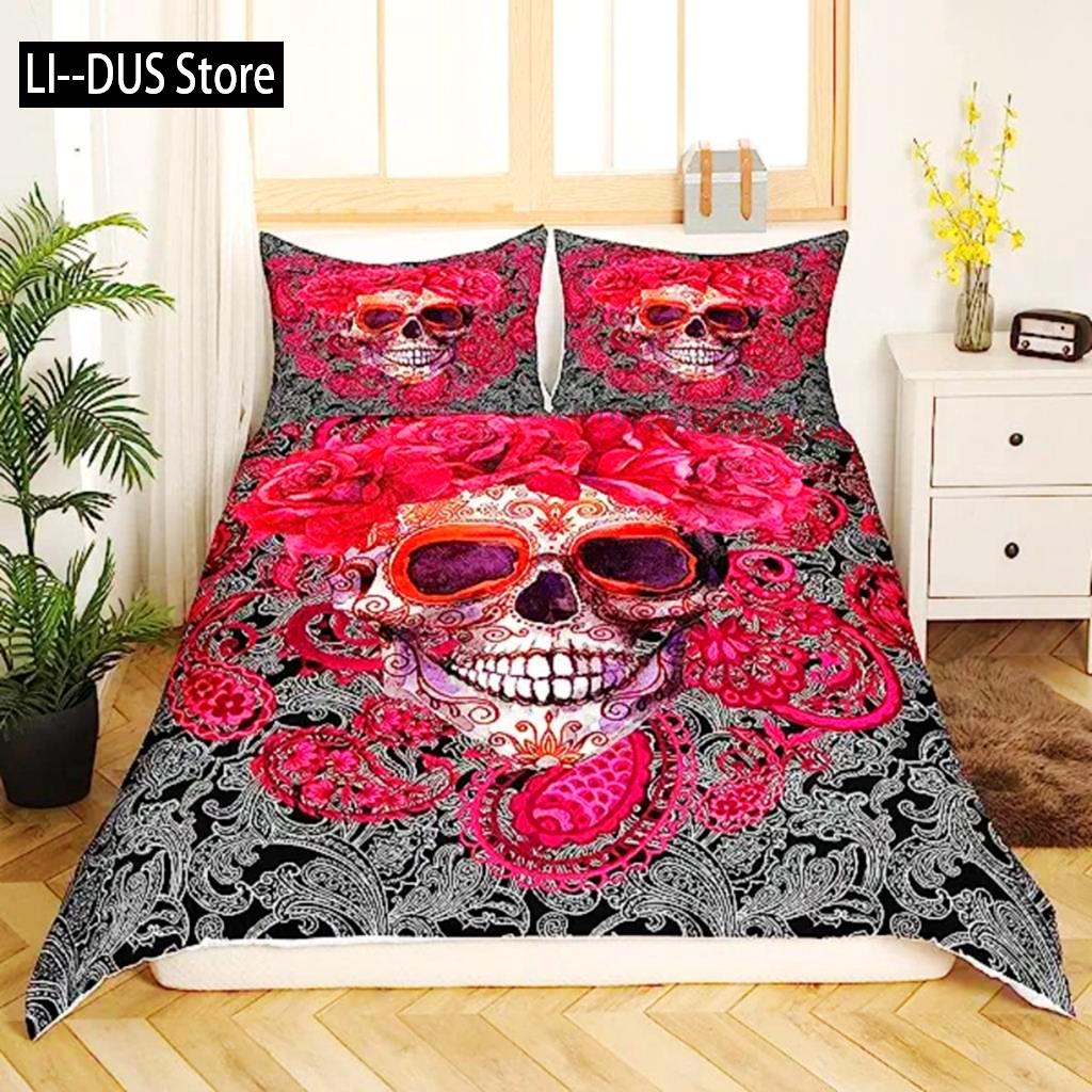 Sugar Skull Duvet Cover Teen Girl Bedding Set Sugar Skull Decor Bedding Skull Skeleton Roses Floral Print Duvet Cover Decorative
