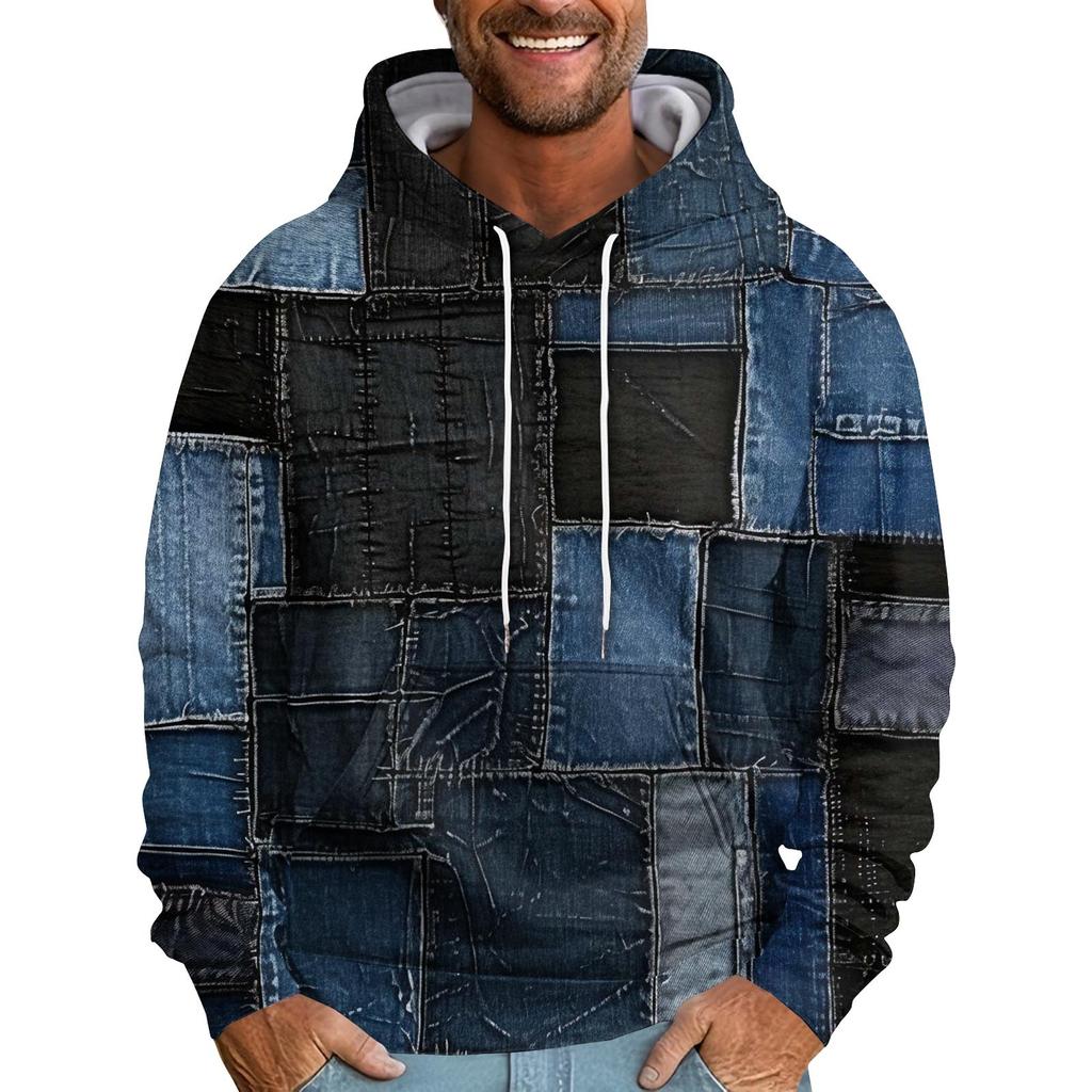 Pánská volná mikina v etnickém stylu Imitace džínoviny Patchwork 3D potištěná mikina s kapucí Běžná móda Sportovní mikina