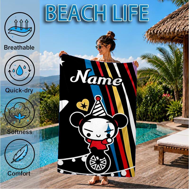 Custom Name Heartfelt Pucca Moment Beach Towel Microfiber Beach Towel, Lightweight and Quick-Dry, for Summer Travel, Swimming Pool Gift