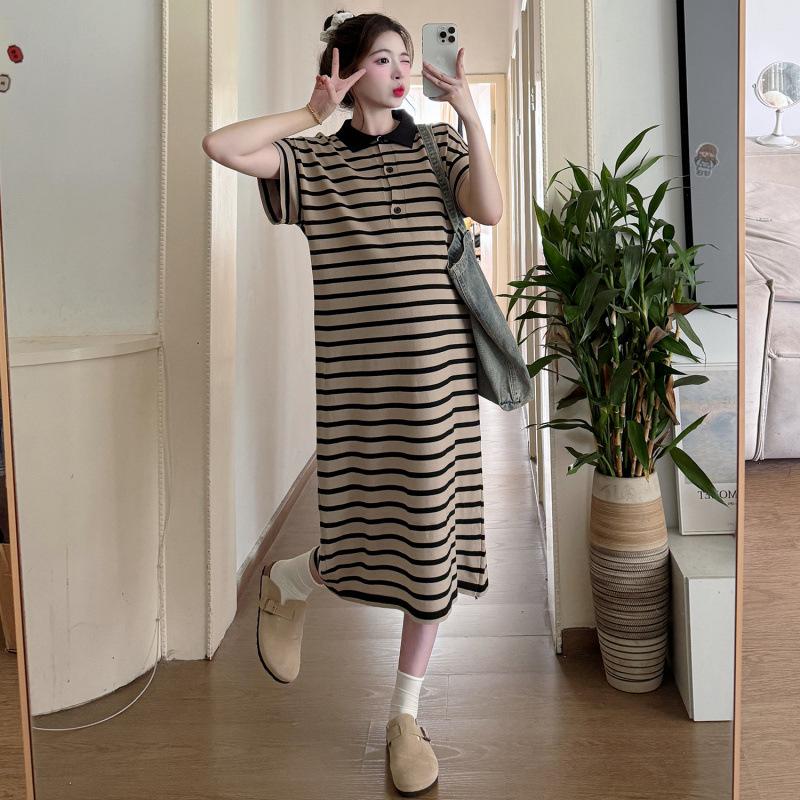 2026 Korean Striped Casual Maternity Polo Dress